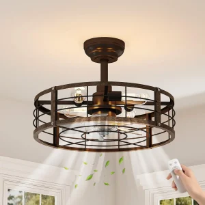 Caged Flush Mount Ceiling Fan With Light & Remote